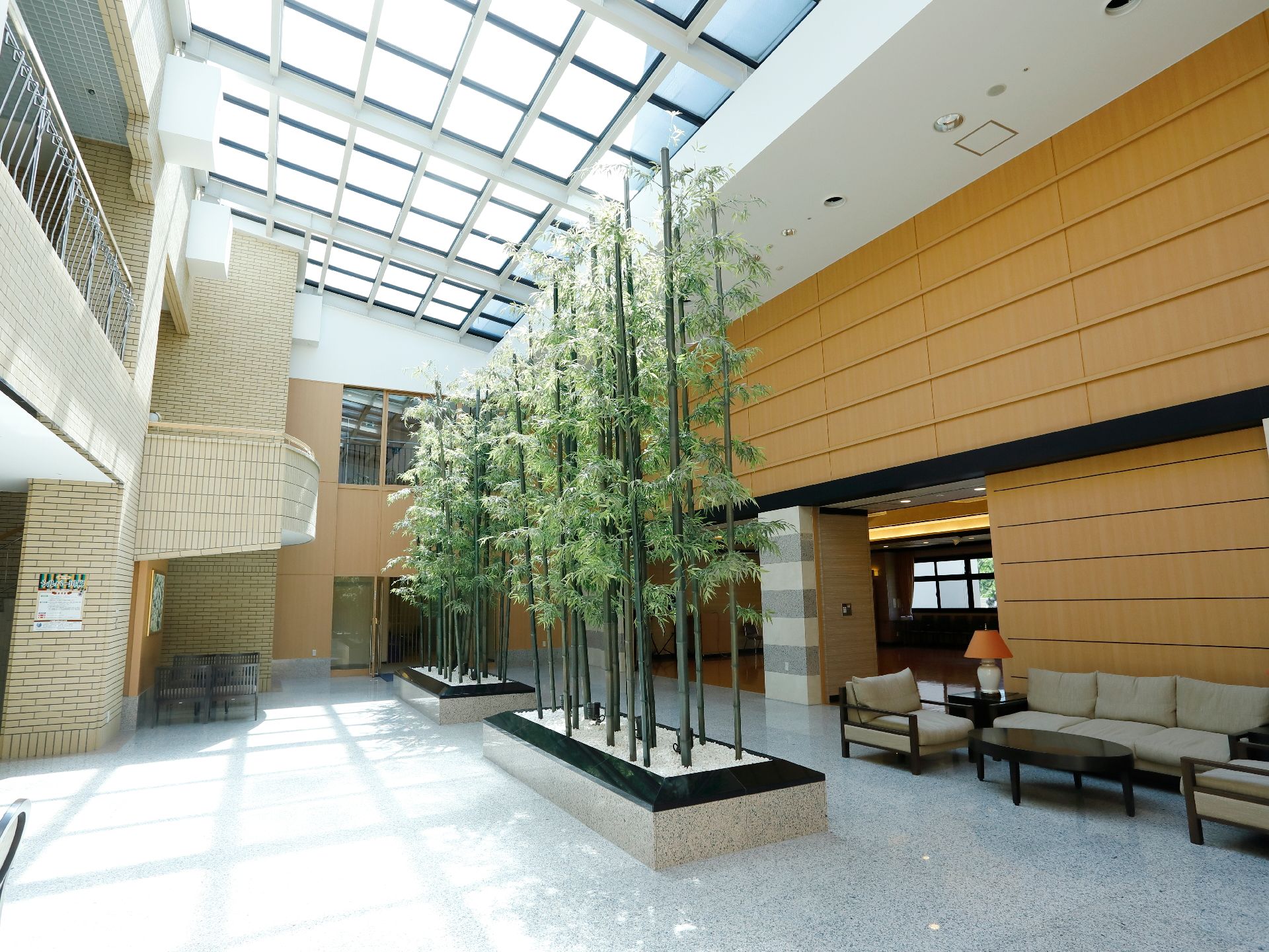 エントランスは、吹き抜けの天窓が特徴的で、明るく日差しが入る。利用者の家族が訪問して来ても快適に過ごせる。