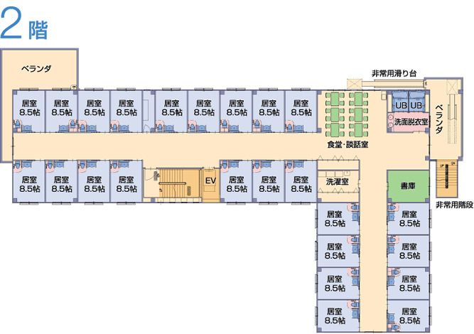 介護付有料老人ホーム 第2あすか苑の2階のフロアマップ