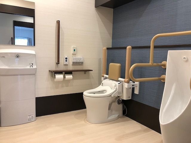 可動式の手すりが付いたトイレの横には男性小用時に使用するトイレも。トイレ内には鏡付きの手洗い場もある。