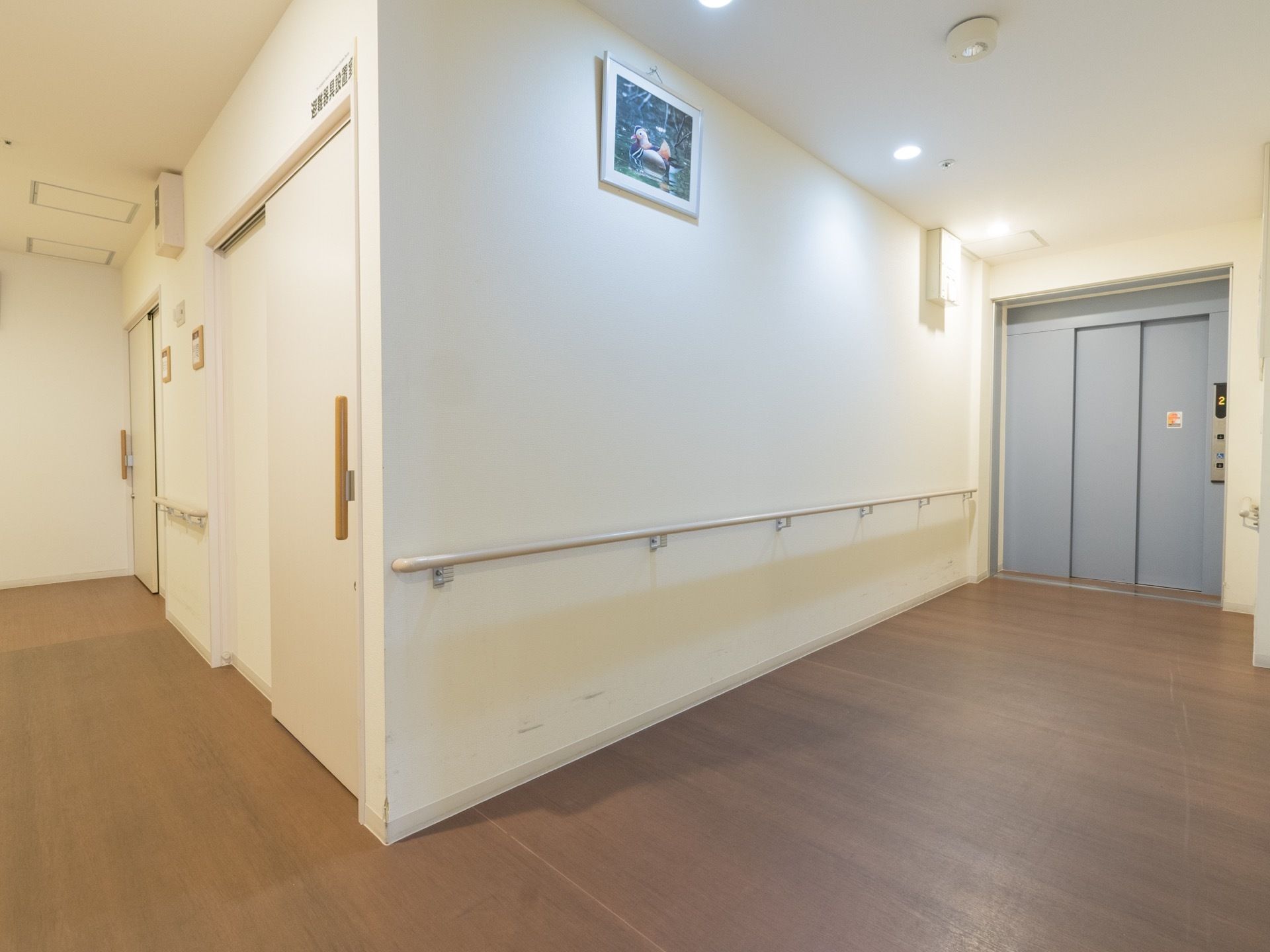 広々とした通路がある。壁には長い手すりや短い手すりが取り付けられている。落ち着いた水色のエレベーターがある。