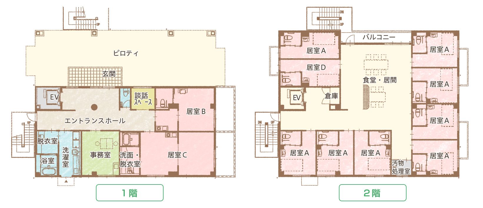 ファミリーコート城東の1～2階のフロアマップ
