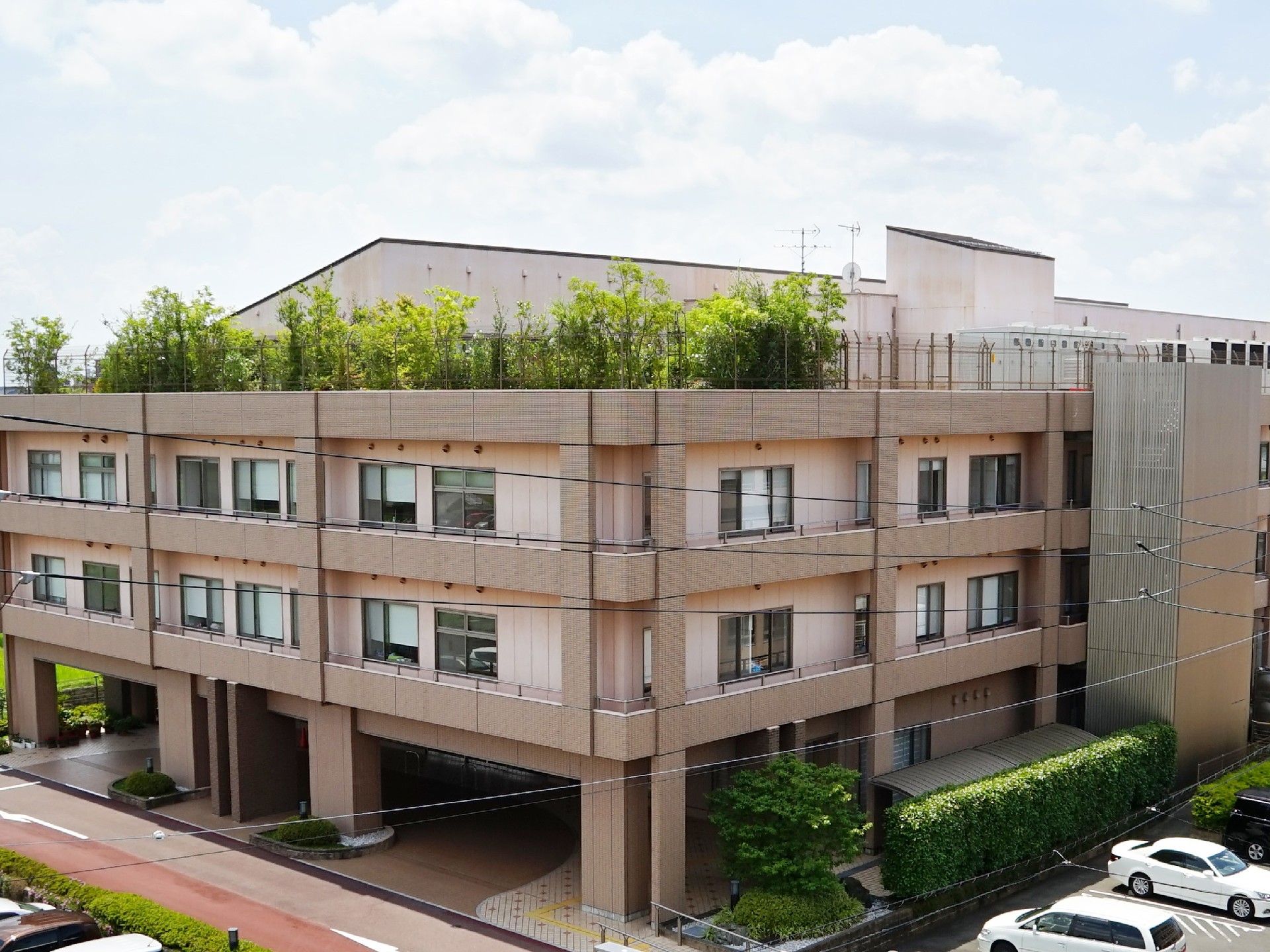 屋上に植え込み、1階にピロティがある、ベージュとブラウンのツートンカラーの3階建ての建物