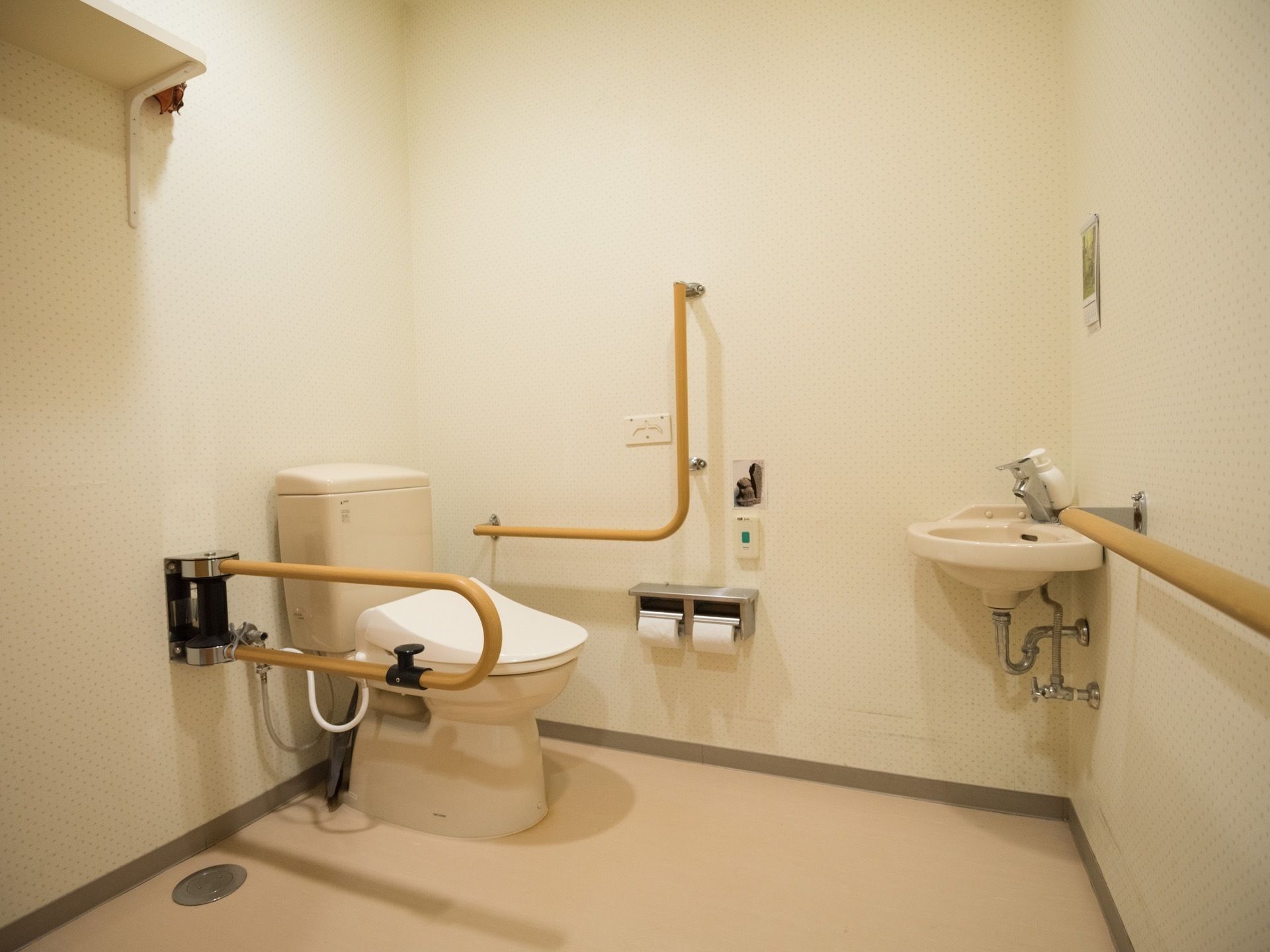 洋式便器が据えられた広いトイレスペース。手前からまっすぐに伸びる手すりの先には、手洗器が設置されている。