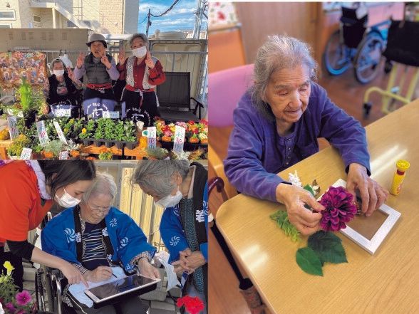 多目的スペースに集まり、舞踊やバルーンアートを楽しむ利用者