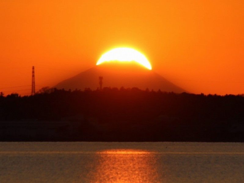 山の後ろに沈んでいく太陽。すでに３分の２ほどが隠れて見えなくなっている。赤い空の下に鉄塔や湖などがある。