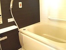 シックなブラウンの壁に白色の浴槽でデザインされた浴室。浴槽には白色の手すりがある。緊急用ボタンが壁側に設置されている。