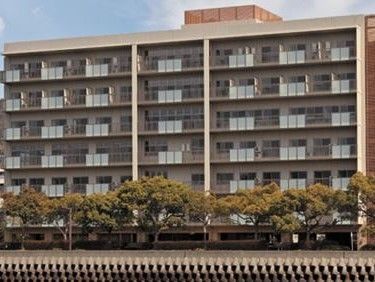 低層階部分は樹木に囲まれた横に長い大きな建物