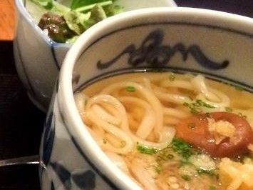 日によっては麺料理も提供される。この日はかけうどん。ネギと梅干がトッピングされ、あっさり食べやすいよう工夫している。