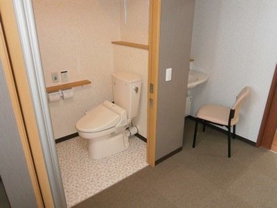 白を基調とした個室トイレである。壁には２連のペーパーホルダーやナースコール、操作パネルが取り付けられている。