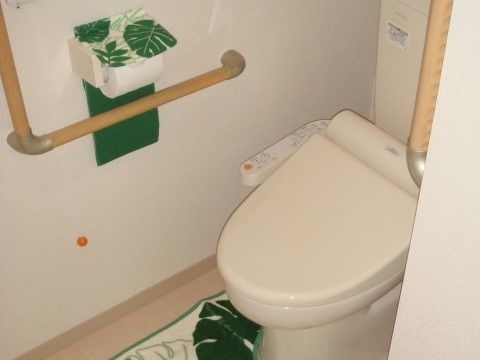 壁面に紐付きの緊急コールボタンと便器の左右にL字とI字の手すりが設置されたトイレ
