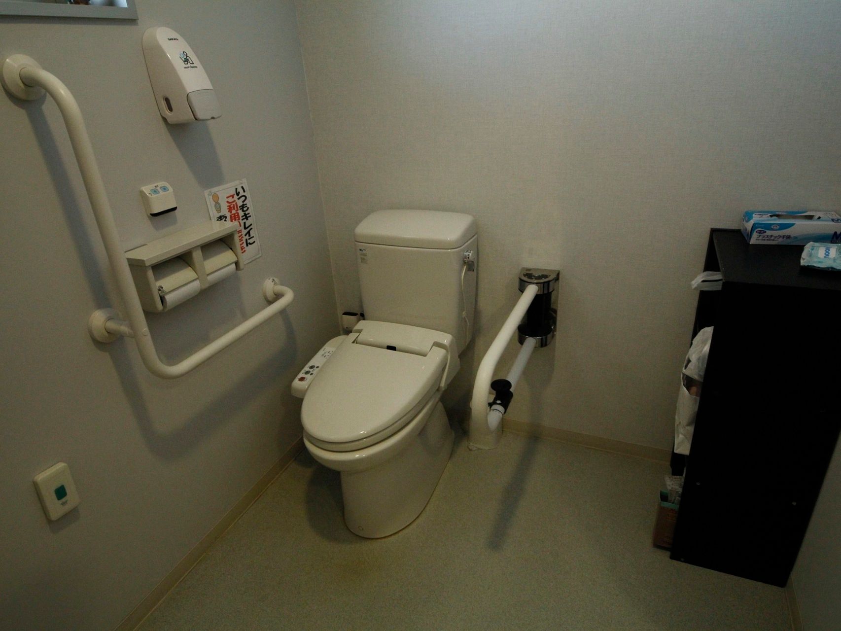 車椅子対応型のトイレである。個室内が広く、跳ね上げ式の手すりやナースコールも設置されている。温水洗浄便座である。
