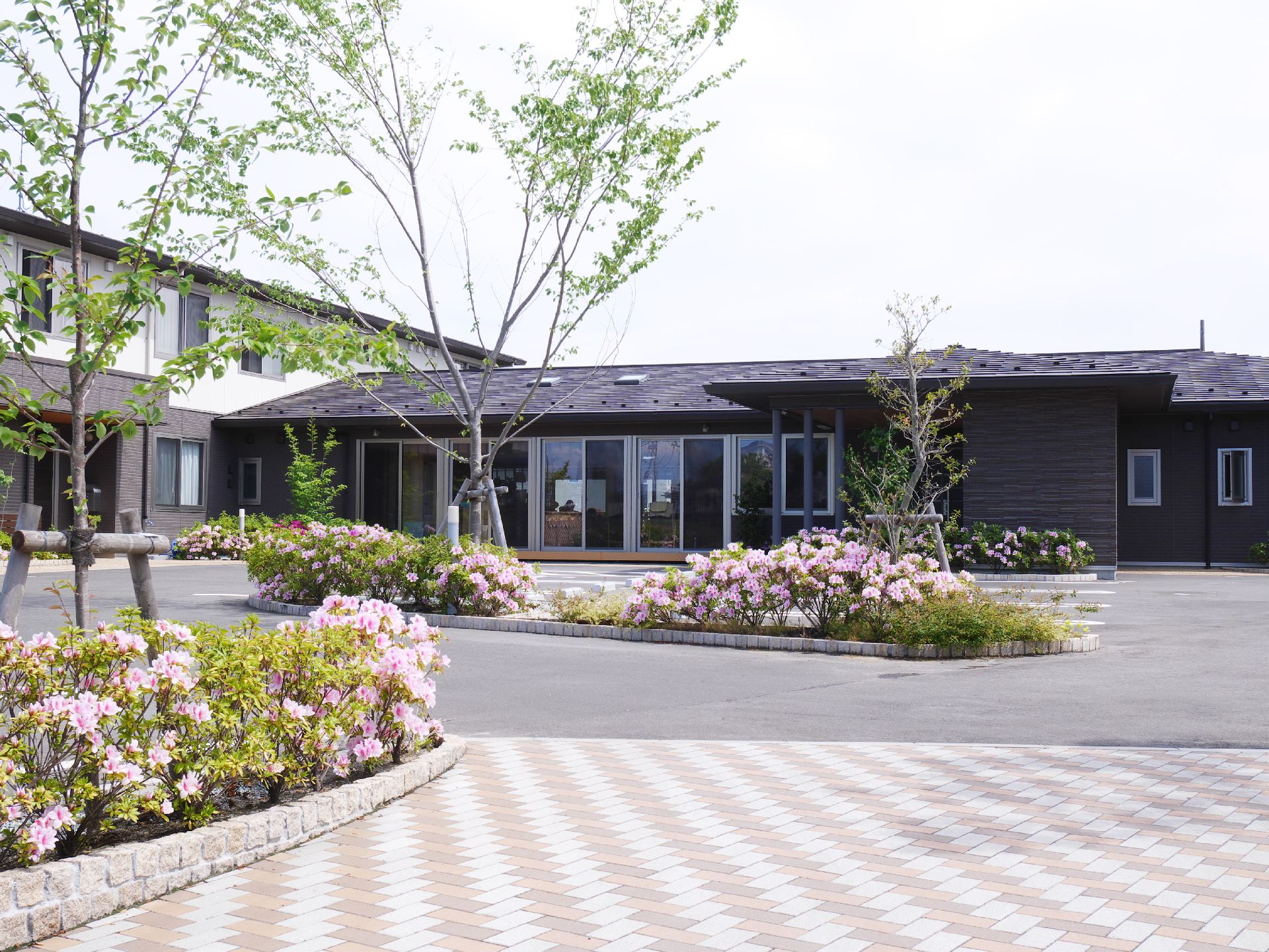 施設の入り口は明るい色のタイルで舗装されている。玄関前や周囲には季節の草花が植えられており開放感がある。