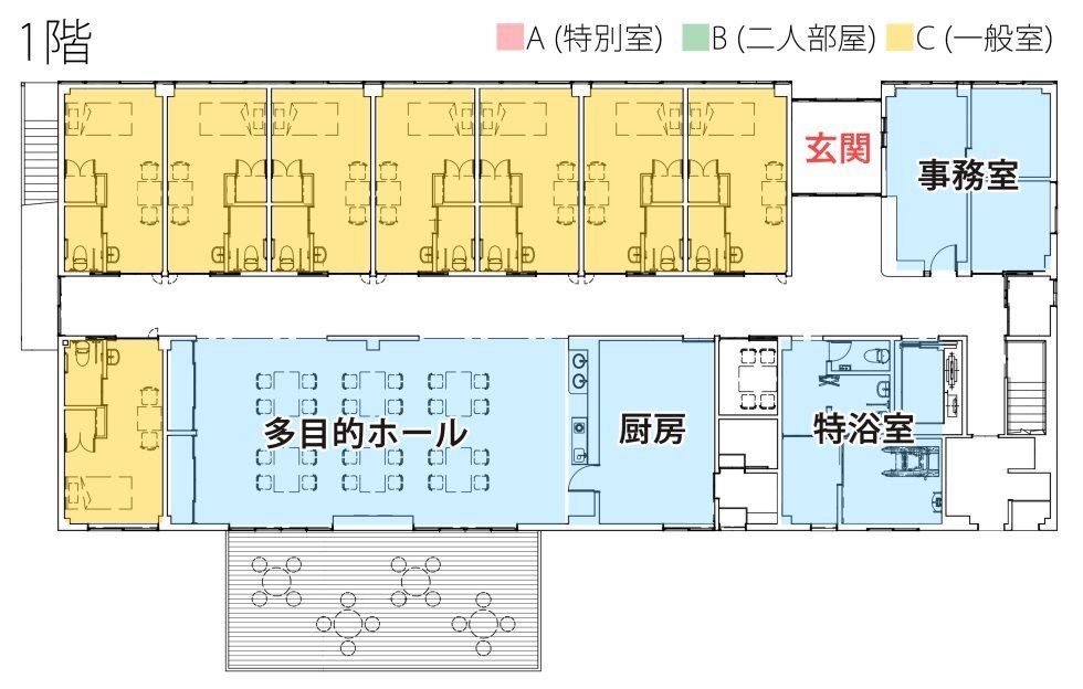 サービス付き高齢者向け住宅 温ったまるの1階のフロアマップ