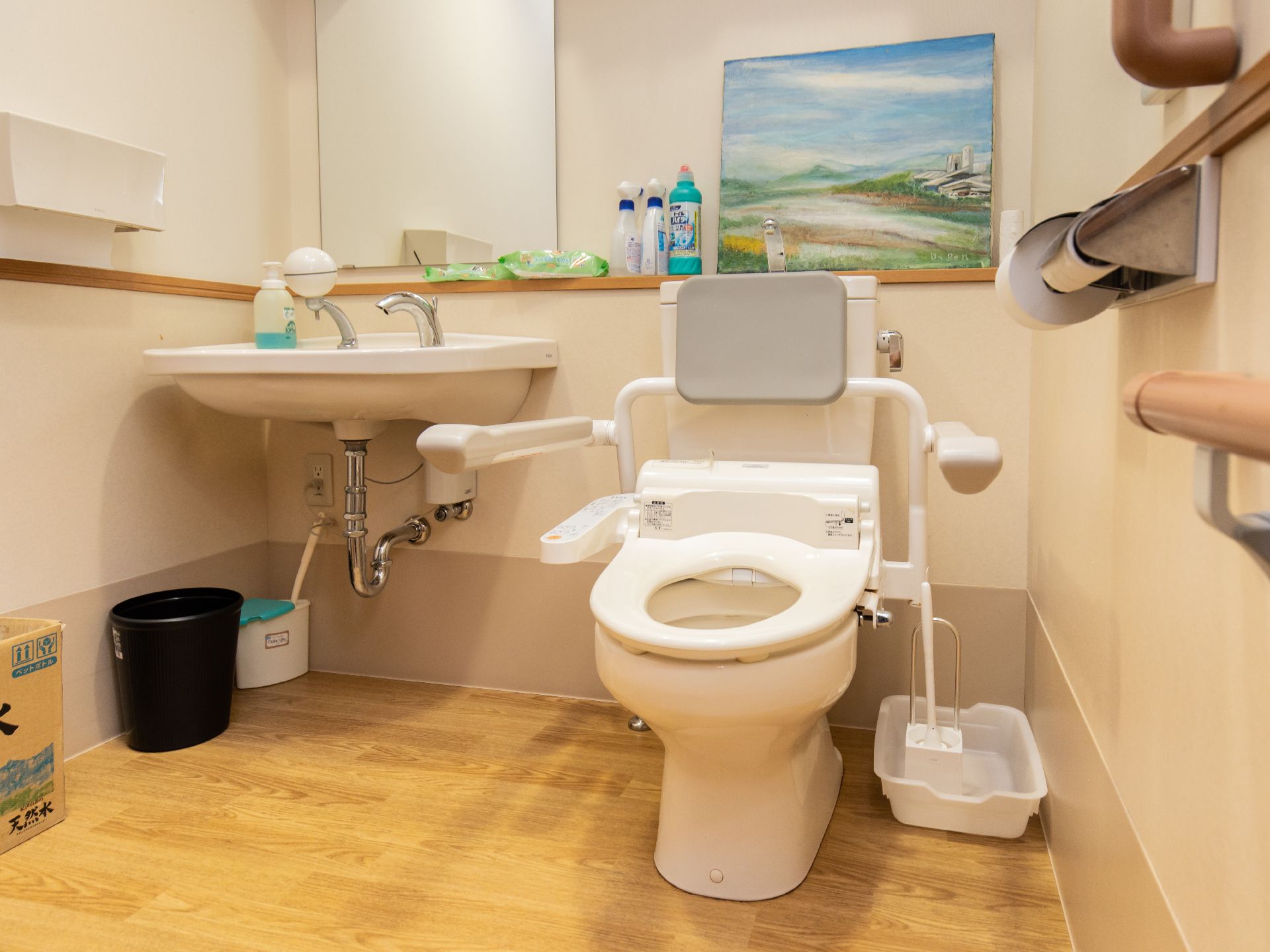 肘掛けと背もたれのついた洋式トイレがあり、左には手洗い場が設置されている。床やカウンター収納には掃除用具が置かれている。