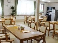 窓と窓の間の壁際に背の高い観葉植物が置かれている食堂