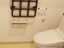 トイレットペーパーフォルダーの上側には茶色い格子状手すりがある。流水ボタンの下には呼び出しボタンが設置されている。