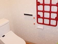 トイレットペーパーホルダーの上に、格子状の手すりが設置されているトイレ