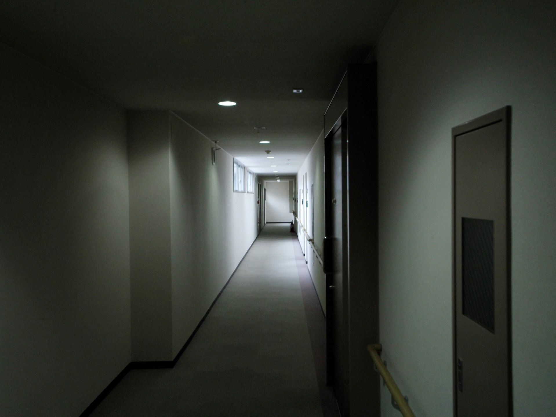 廊下の右側の壁に、幾つかの扉や手すりが設置されている。左側の壁の奥の天井近くに、横長の窓が付いている。