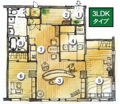 サービス付高齢者向け住宅 ゆとりライフはるるの3LDKタイプのフロアマップ