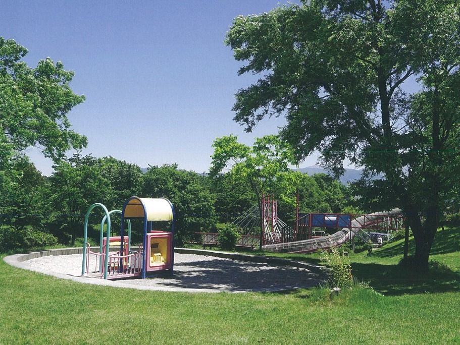 緑いっぱいの環境にある、いろいろな遊具が設置されている公園