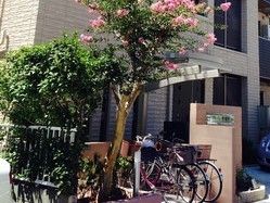 門柱の横は屋根付きの駐輪場になっており、数台の自転車が置かれている。駐輪場の脇には、サルスベリの木が植えられている。