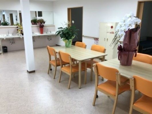 入口が引き戸であり、手洗い場が設置された共有スペース。内部の家具は暖色系の明るい色調で統一されている。