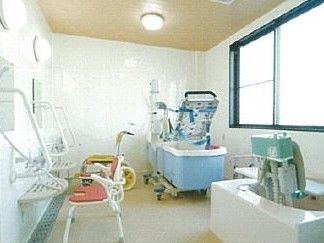 浴槽の置かれた反対側の壁にはシャワーがある。個々のシャワーの前には丸い照明と鏡、手すりが付いている。バスチェアも用意されている。