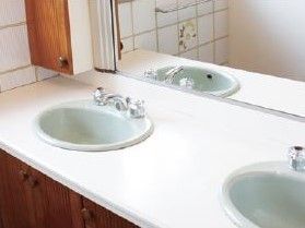 手洗い場が２つ付いていて、前面には大きな鏡がある。力の弱い方にも使いやすい蛇口である。下には収納用の扉が付いている。