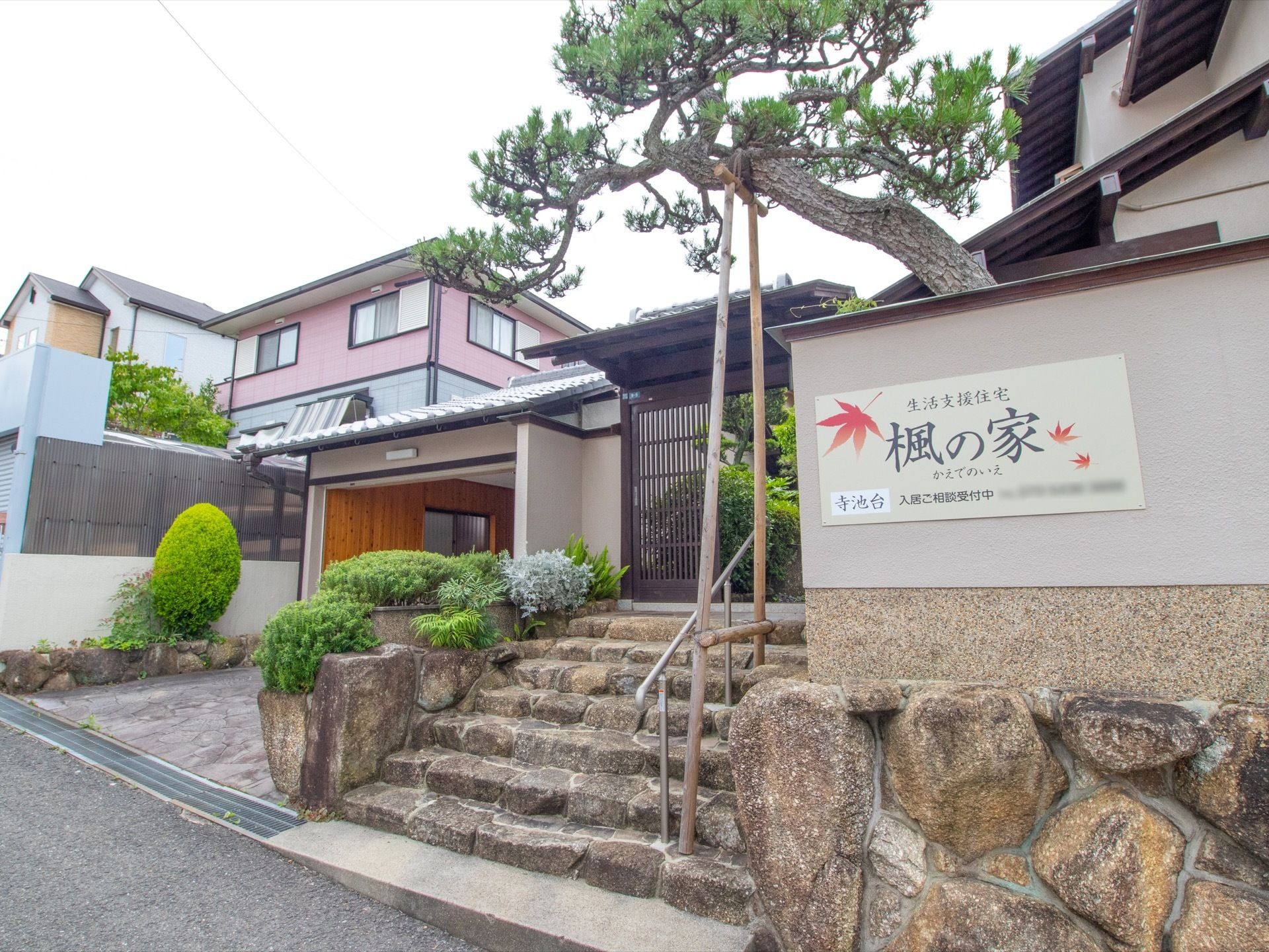 施設の入り口にある石の階段には、手すりが設置されている。純和風の佇まいで、形の整えられた松が美しい。