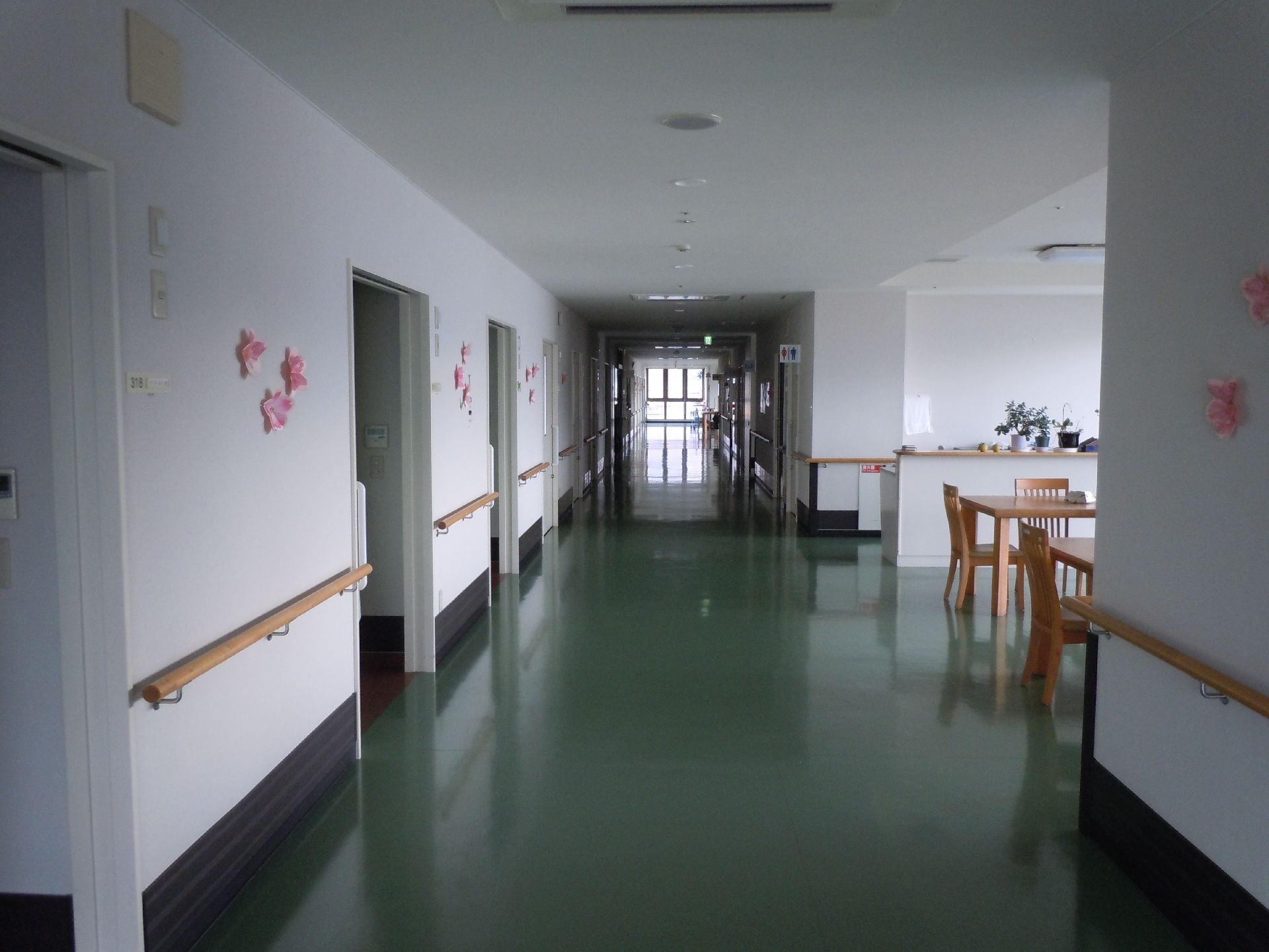 廊下の壁紙は白色を基調としており、清潔感のある空間となっている。フローリングの床は緑色で、コントラストが綺麗である。