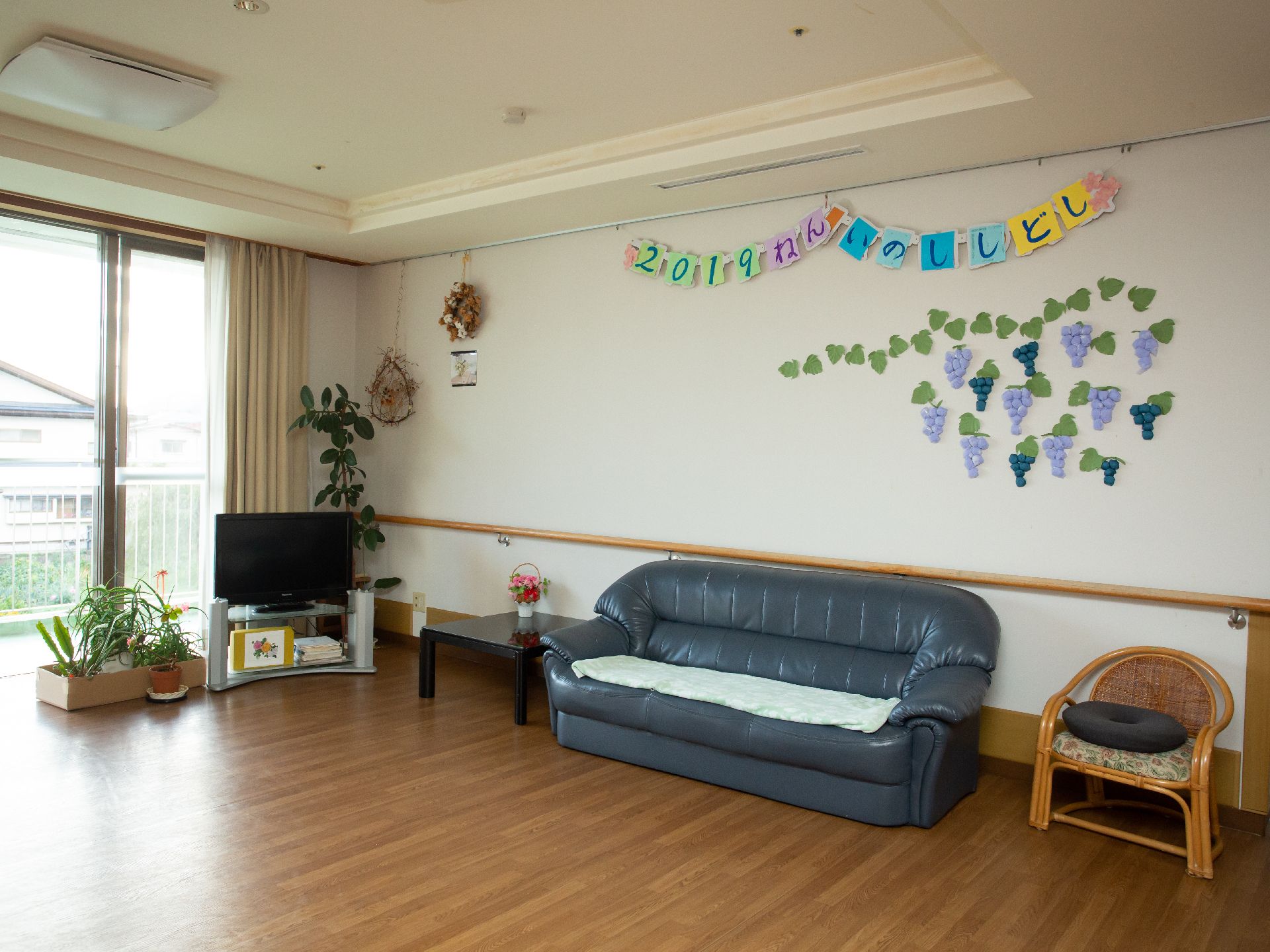 色とりどりの装飾や、癒される観葉植物がある共有スペース