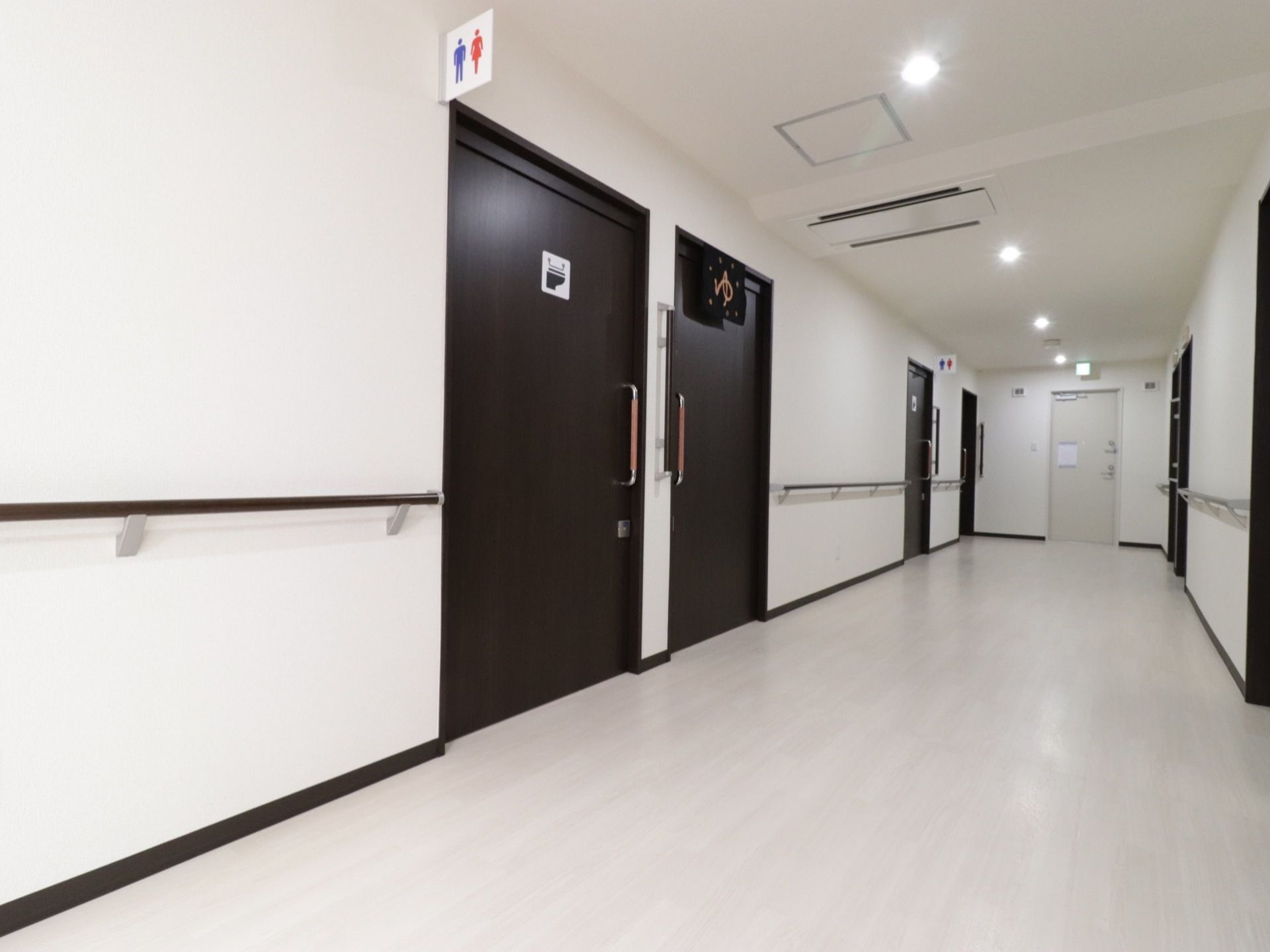 非常に幅広く作られている通路。トイレや浴室等の共用設備のドアが並び、壁には各扉と同じ色の手すりが伸びている。