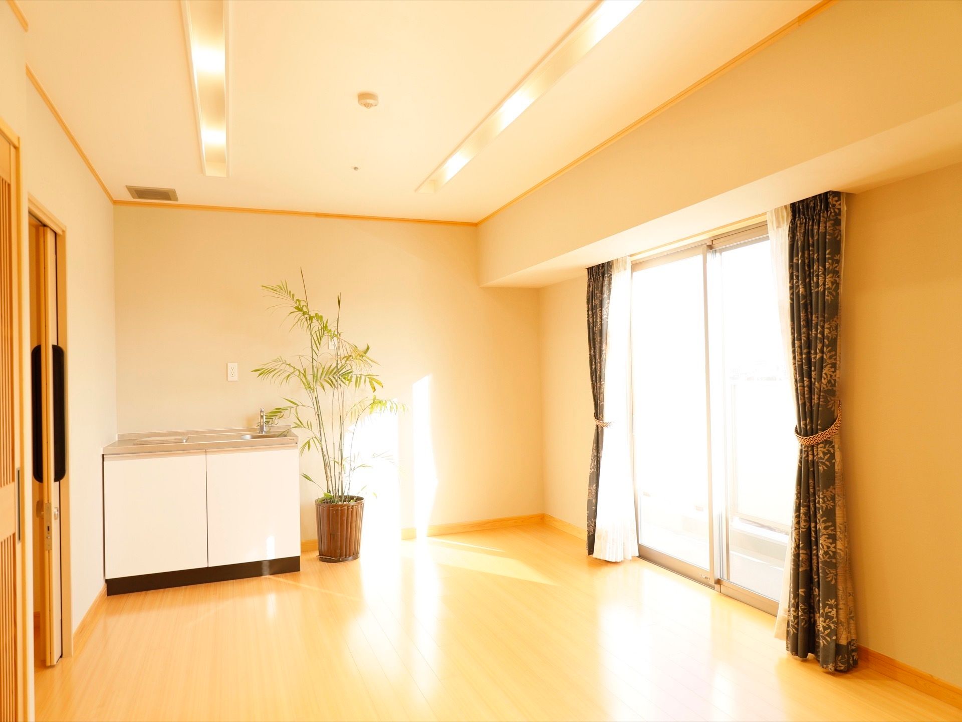 居室の一例である。窓から明るい光が差し込む部屋の片隅に、シンクとIHヒーターの簡易的なキッチン設備がある。