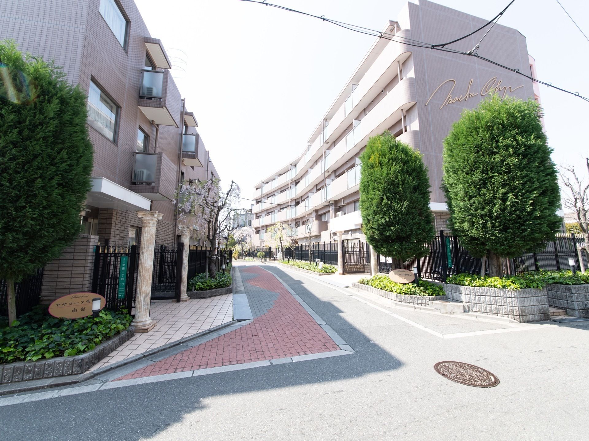 植木や花壇の手入れが行き届いた建物に囲まれた、広い道路