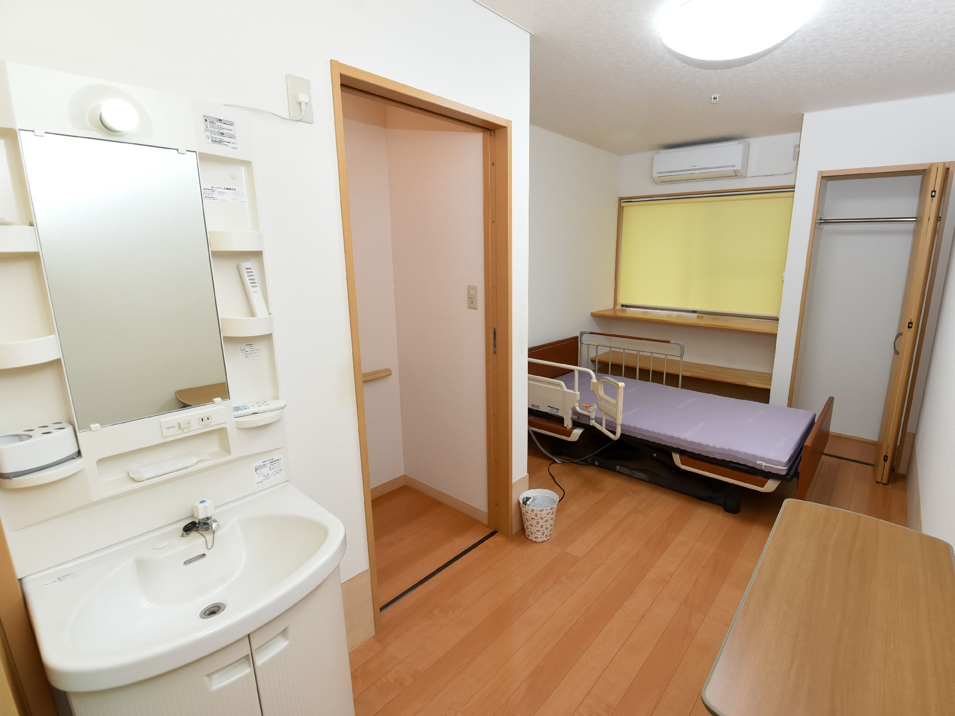 棚収納が付いた洗面台があり、お手洗い、クローゼットが設置された居室