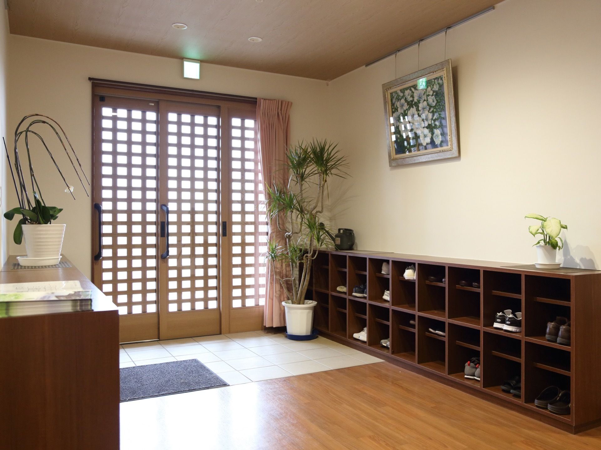 玄関の扉は広く開閉する引き戸タイプになっている。木製の靴箱がきちんと整理整頓されている。玄関からエントランスまでバリアフリーになっている。
