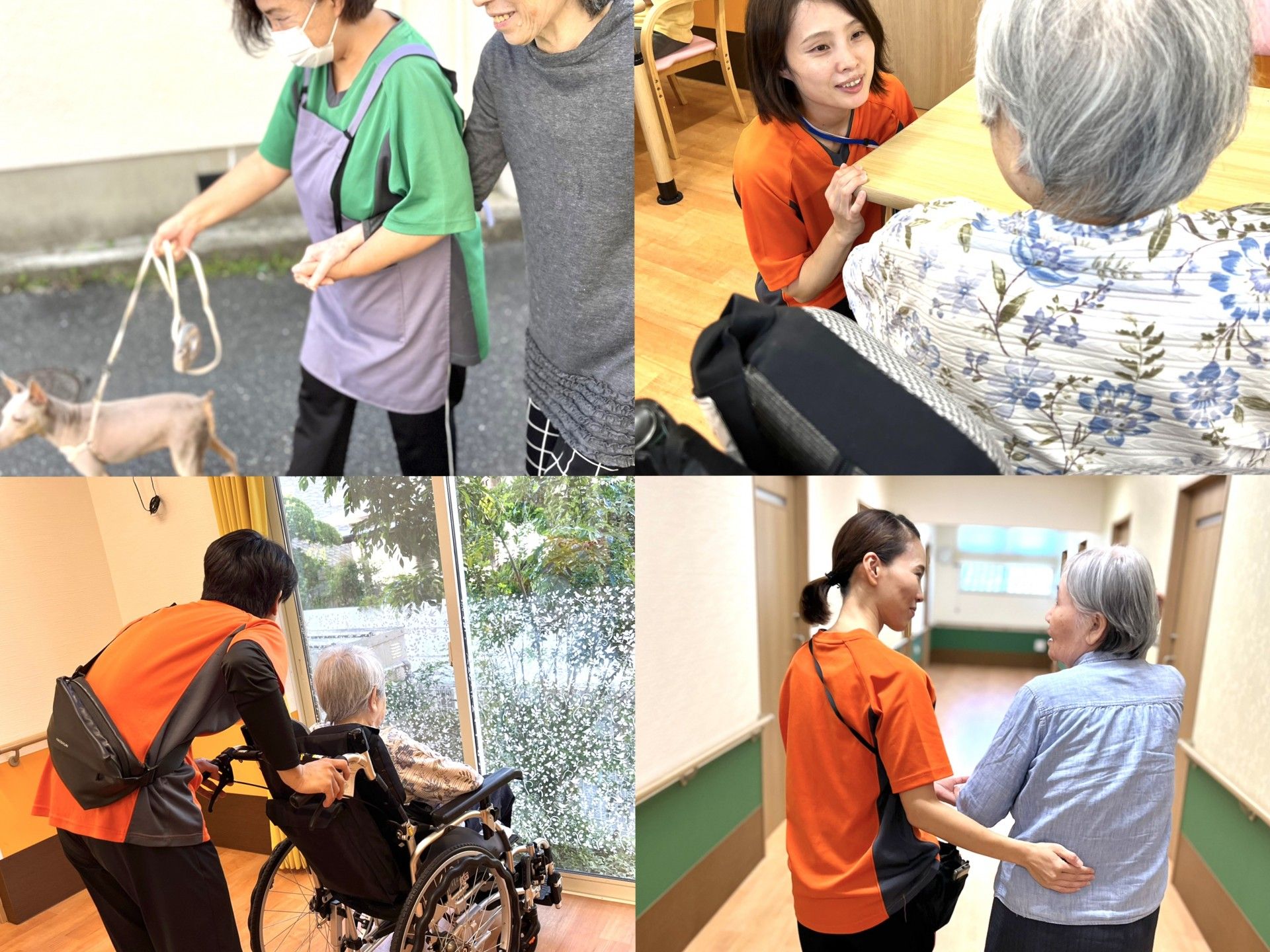 移動介助やヒアリングなど、入居者様の生活に寄り添うスタッフの姿