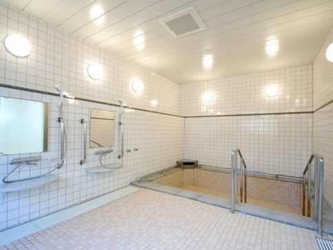 広いタイル張りの浴室。浴槽には手すりが２本あるため、両方の手でつかまって入ることができる。洗い場には大きな鏡が取り付けてある。