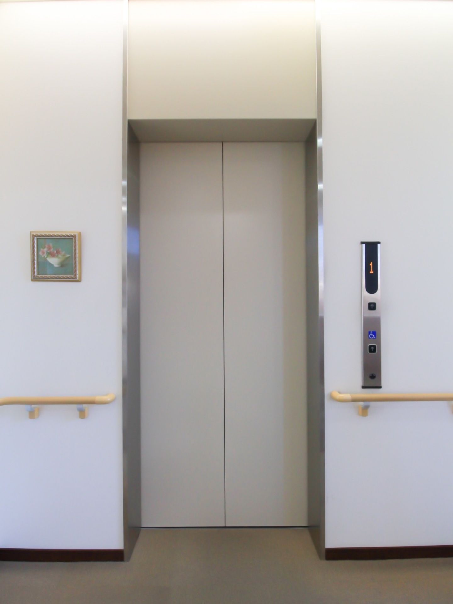 白色の扉のエレベーターが設置されている。乗降口の両脇すぐの所まで手すりが取り付けられている。左側に小さな絵が飾られている。