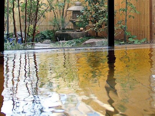 中庭を眺めながら入れる大浴場の様子。大きな浴槽が写っている写真