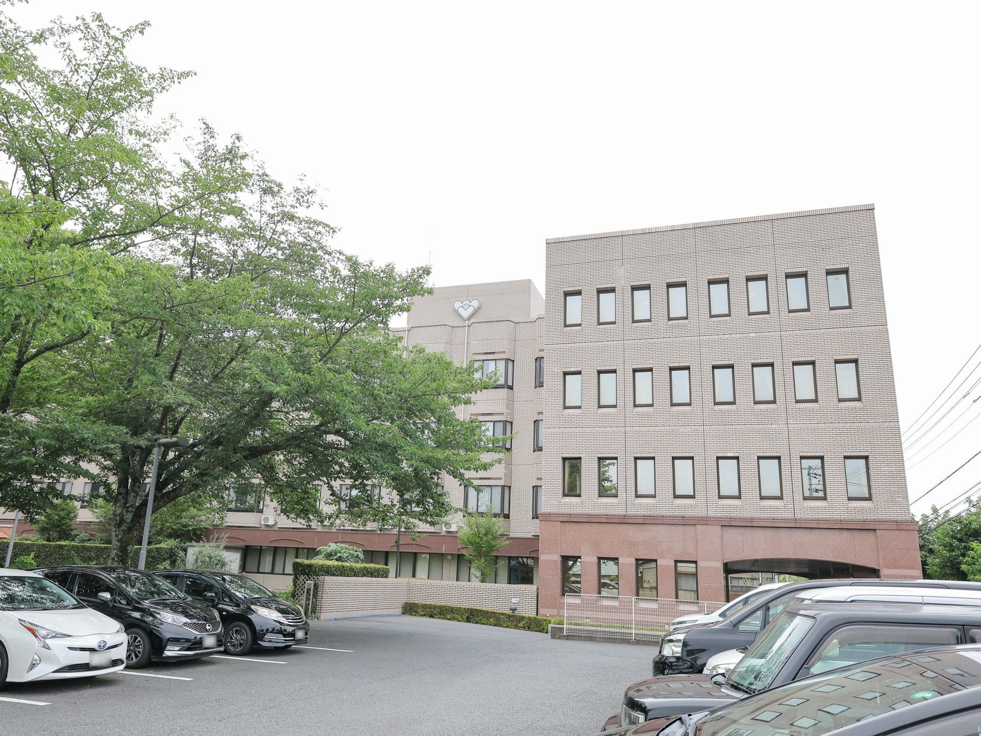 重厚感のあるグレーの建物。敷地内には駐車場や庭もある。