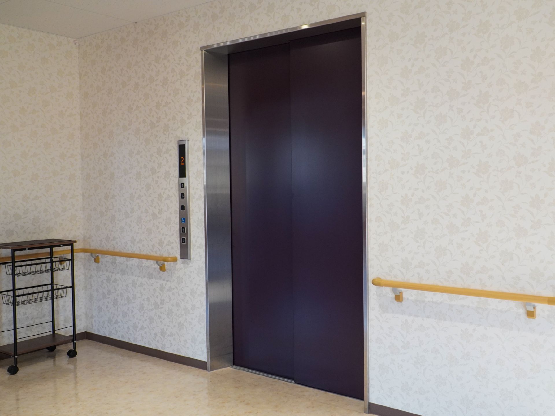 屋外で笑顔で過ごしている車いすの高齢女性と付き添いの高齢男性、そして若い男女のスタッフ。