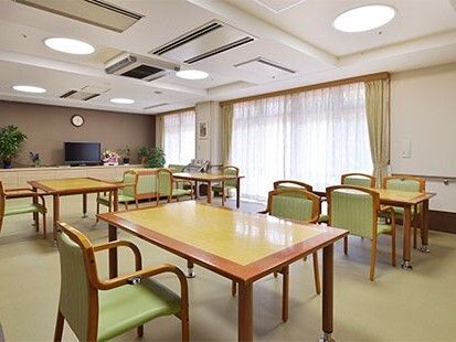 グリーンの椅子がセットされたダイニングテーブルが置かれたスペースの奥にはテレビがある。