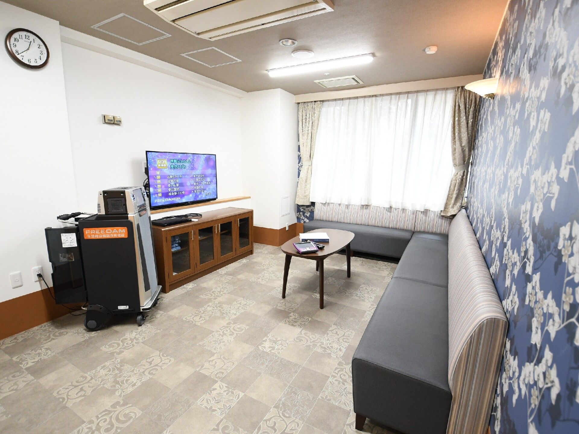 大きなテレビや本格的なカラオケ機器が置かれたカラオケルーム。テーブルやソファもあり、カーペット敷きになっている。