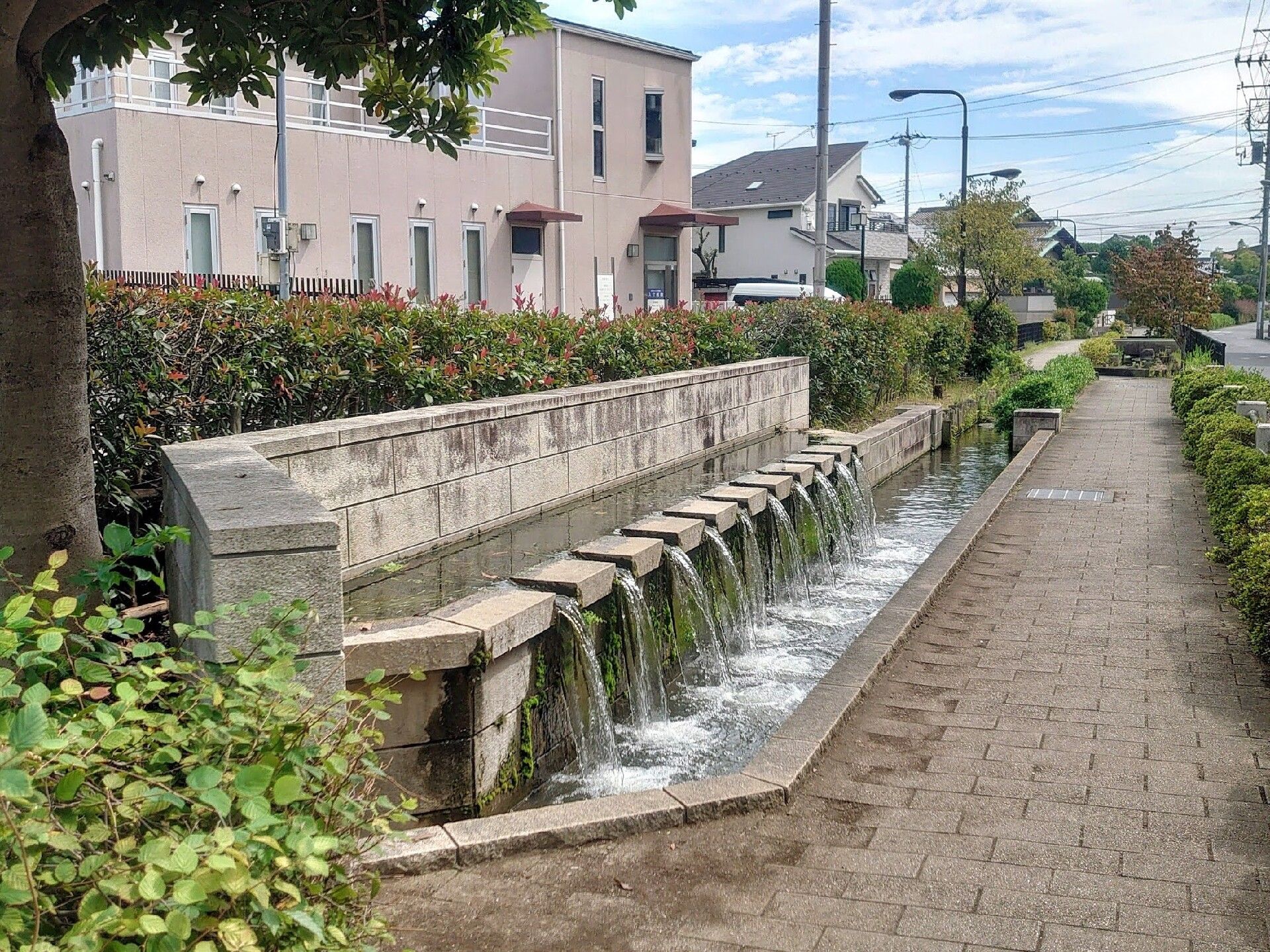 高い水路から低い水路へと小さな滝のような筋が何本も流れている様子。周りには緑も多く、遊歩道もある。