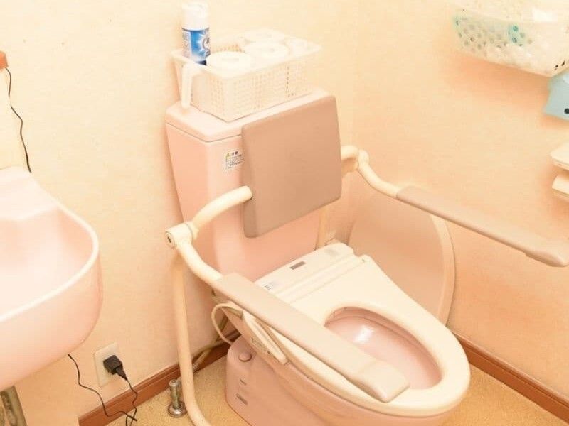 手すりや背もたれが付いた便座が設置されたトイレ。背もたれの後ろにはトイレットペーパーが入ったかごが置かれている。