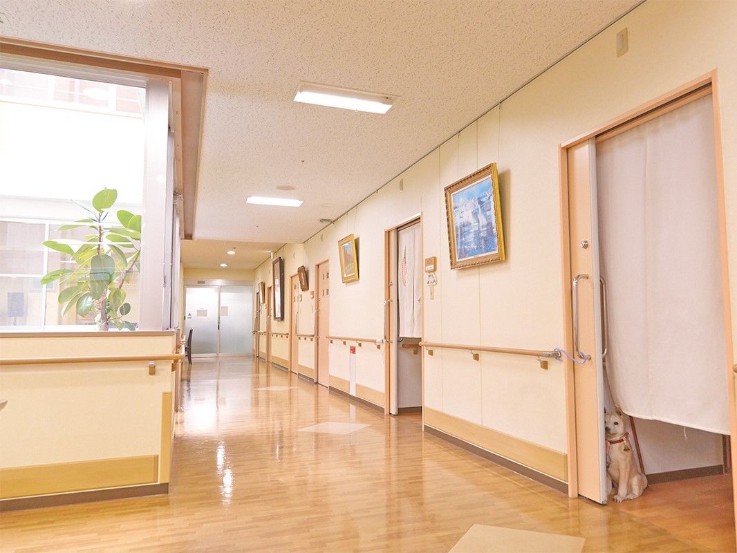 壁には絵画がたくさん飾られ、壁には手すりが設置され、居室ドアにはのれんがかかっている。
