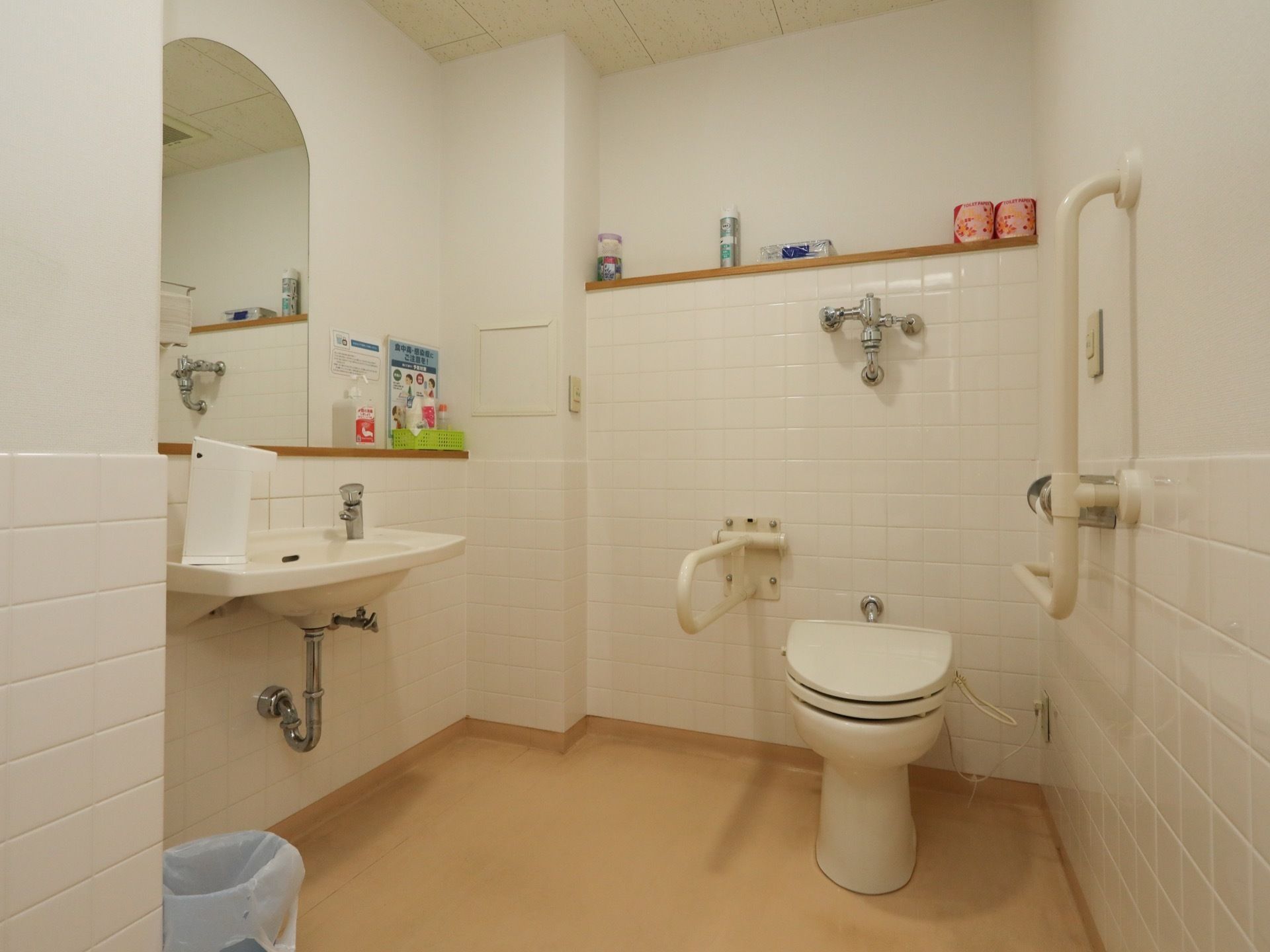 洗面台を備えたトイレがある。車椅子で切り返すことができる広さで、便座の横や壁には手すりが設置されている。