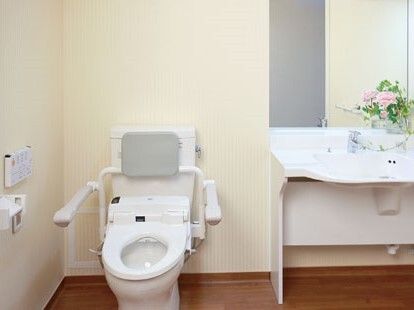 大きな鏡が付いた広い洗面所があり、左手には背もたれや手すりが付いたトイレもある。