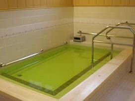 大きな長方形の浴槽が設置された浴室。浴槽の出入り口と浴槽周りには手すりが設置され、ライトグリーンのお湯が張られている。